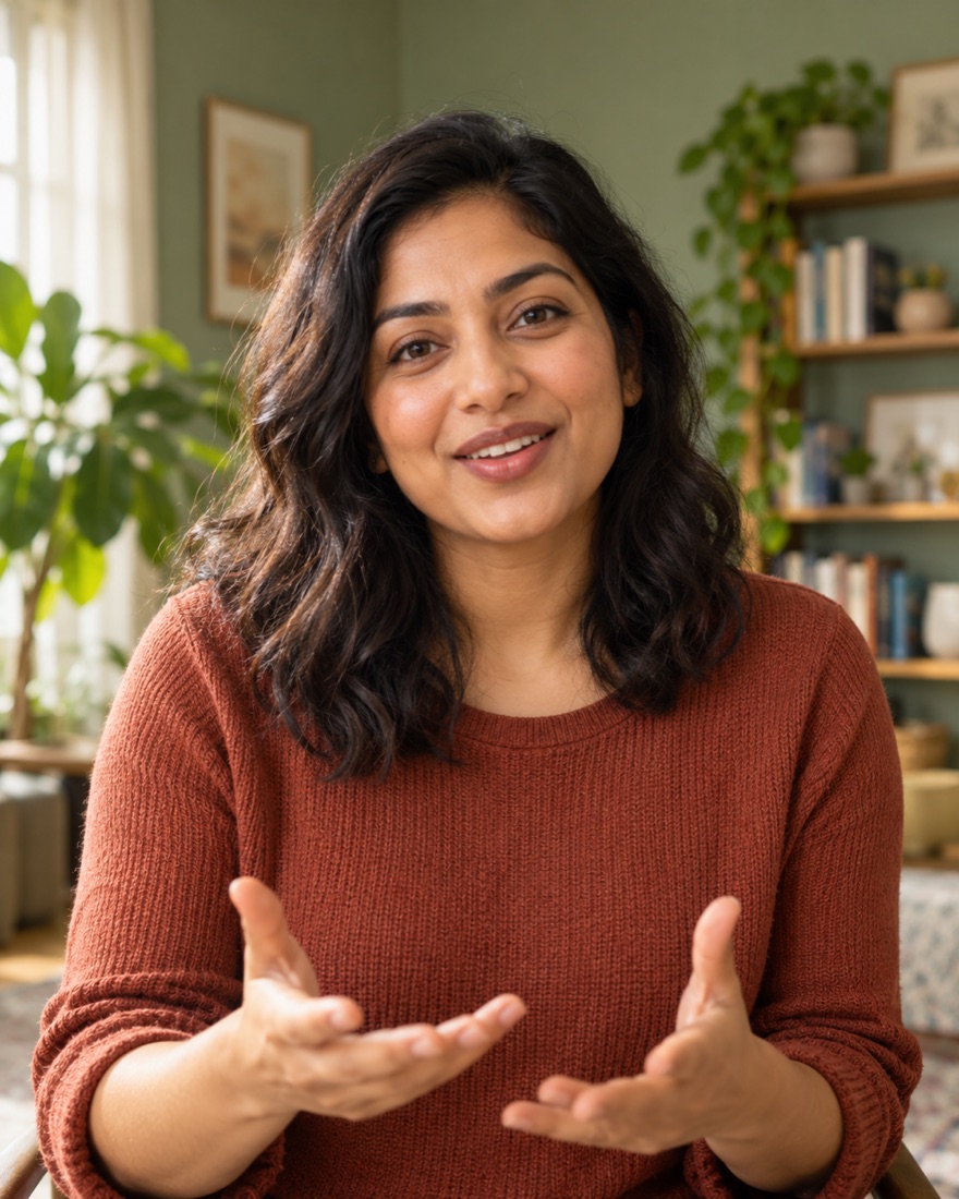 Illustrative portrait of a person sharing a story with a warm smile