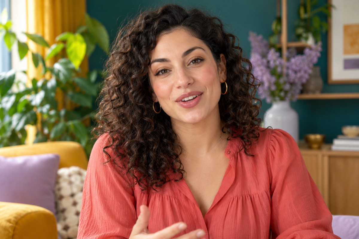 Illustrative desktop video response: a woman speaking to the camera in a colorful room.