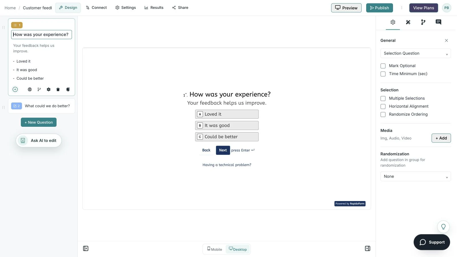 Actual RapidoForm editor with a sample feedback question, three answer choices, and the question settings panel.