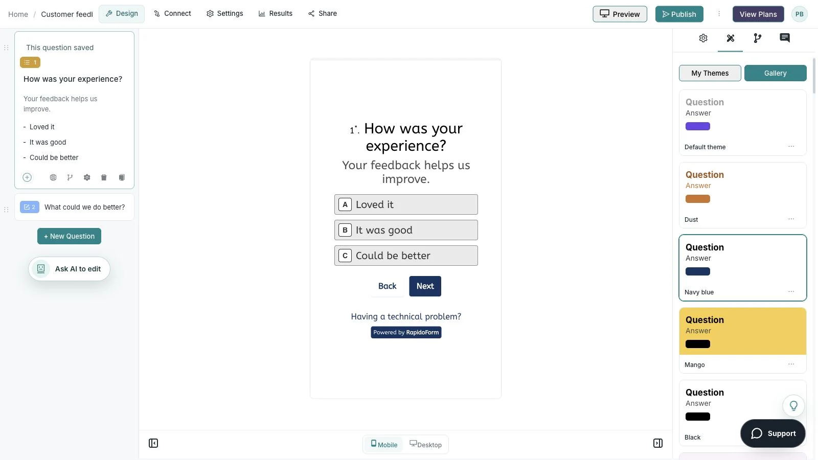 Actual RapidoForm builder showing a narrow mobile preview of the sample feedback form.