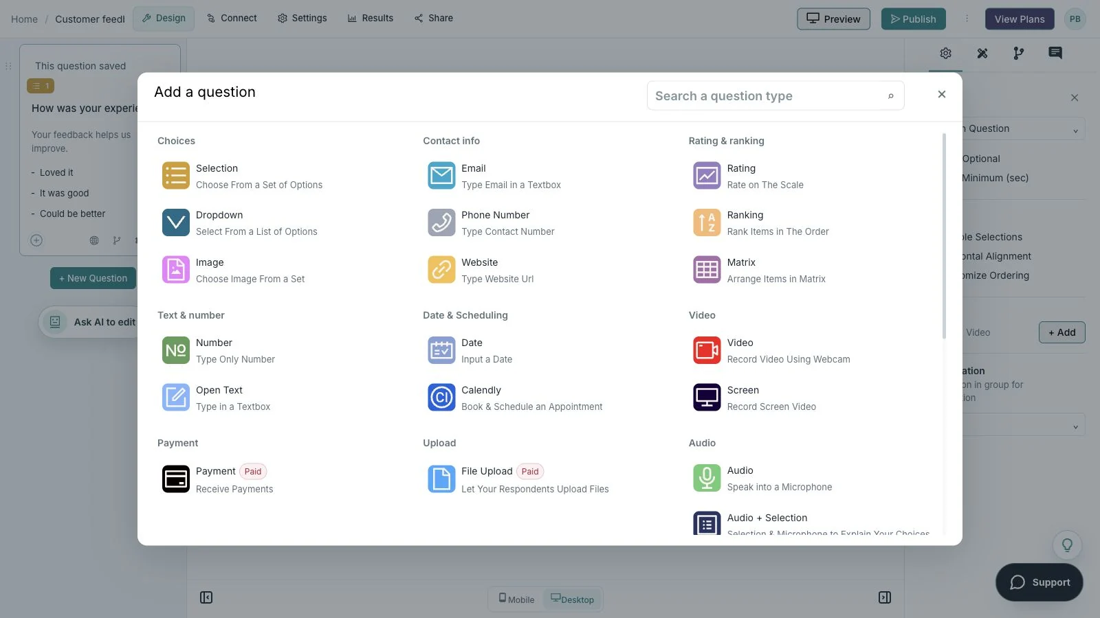 Actual RapidoForm question picker with selection, text, contact information, rating, and media question types.