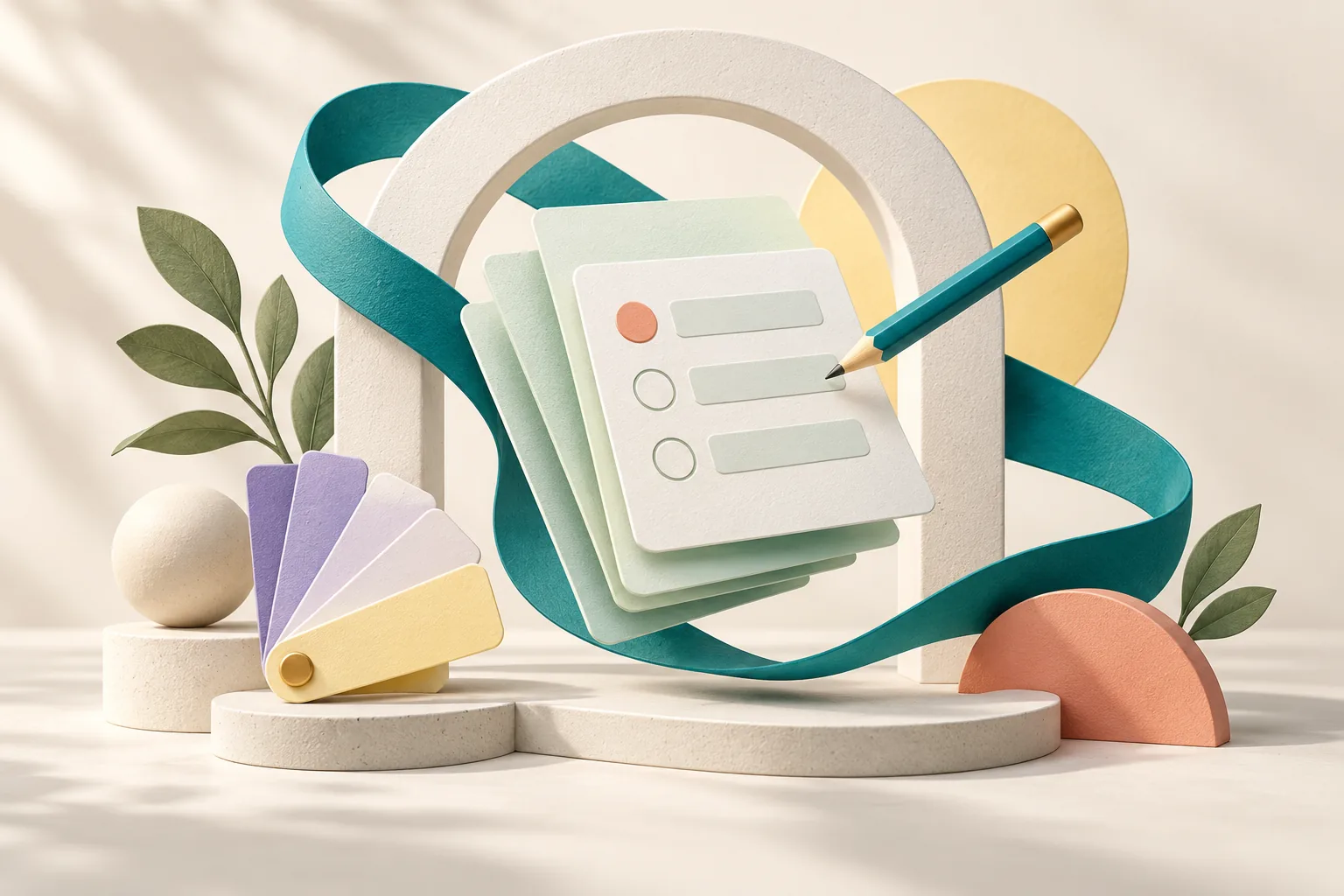 Sculptural illustration of form cards, a teal pencil and theme swatches framed by an ivory arch.