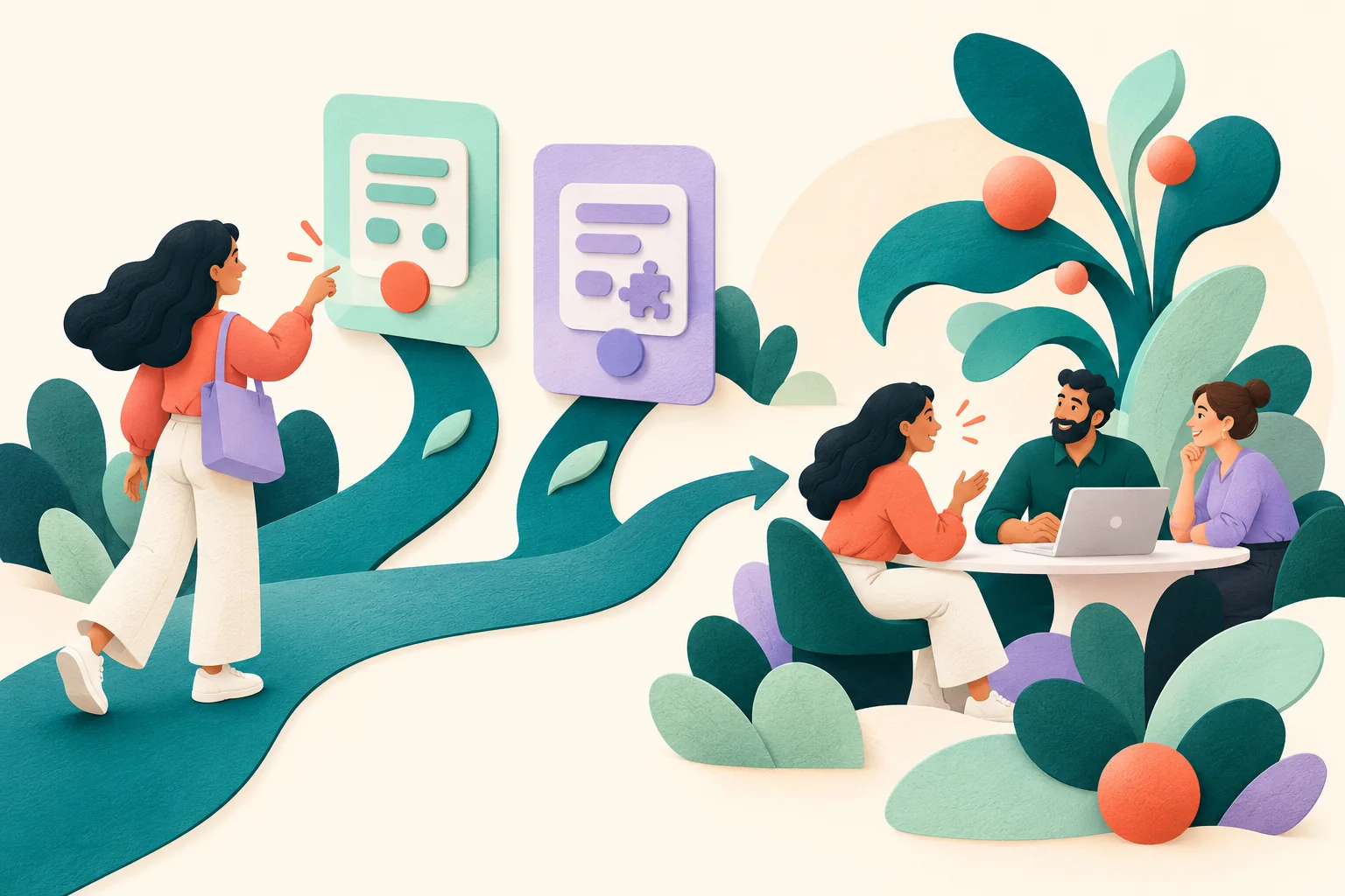 Illustration of a visitor following a form journey into a helpful conversation with a team.