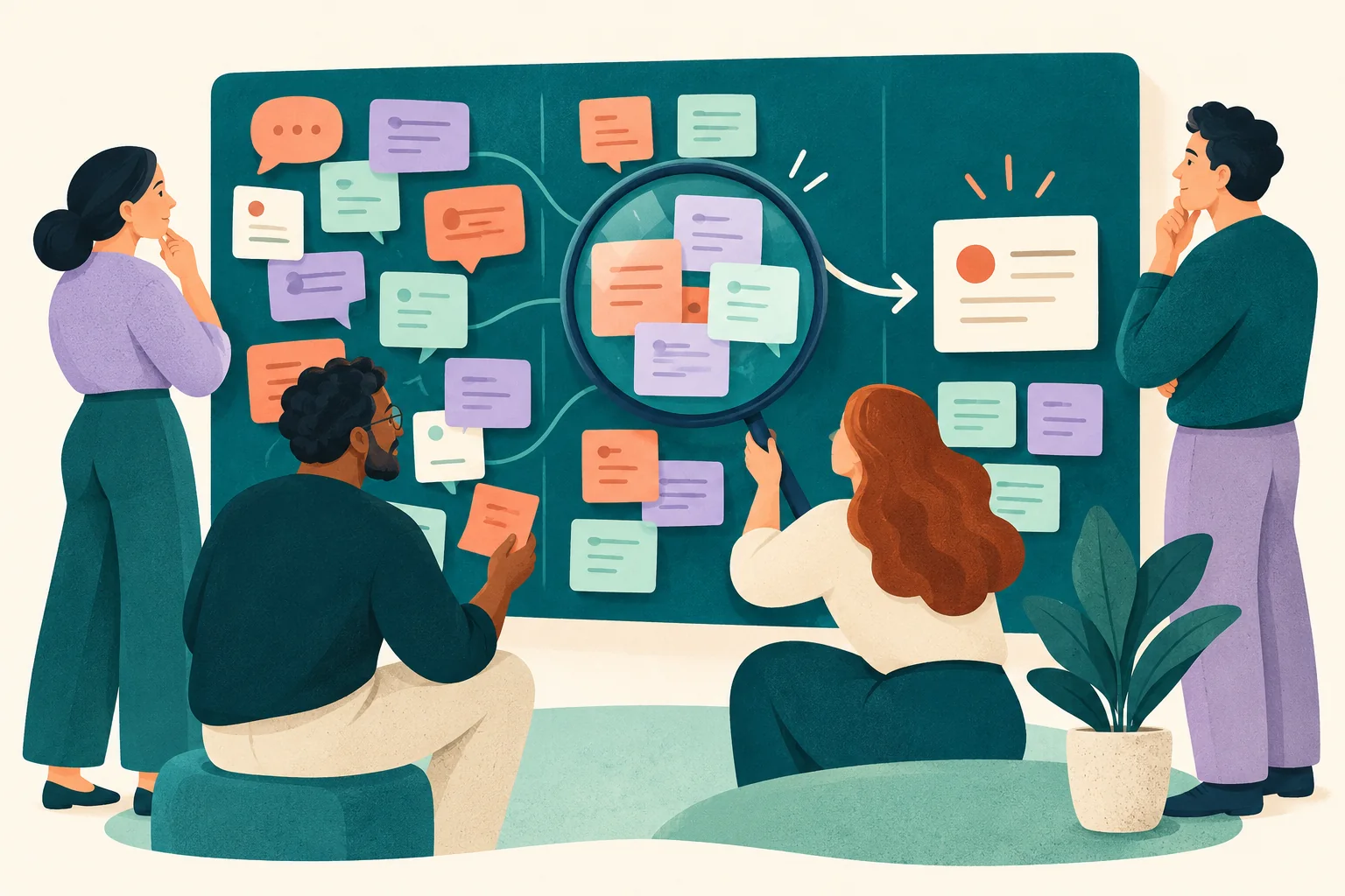 Illustration of a team grouping feedback and examining a pattern on a research board.