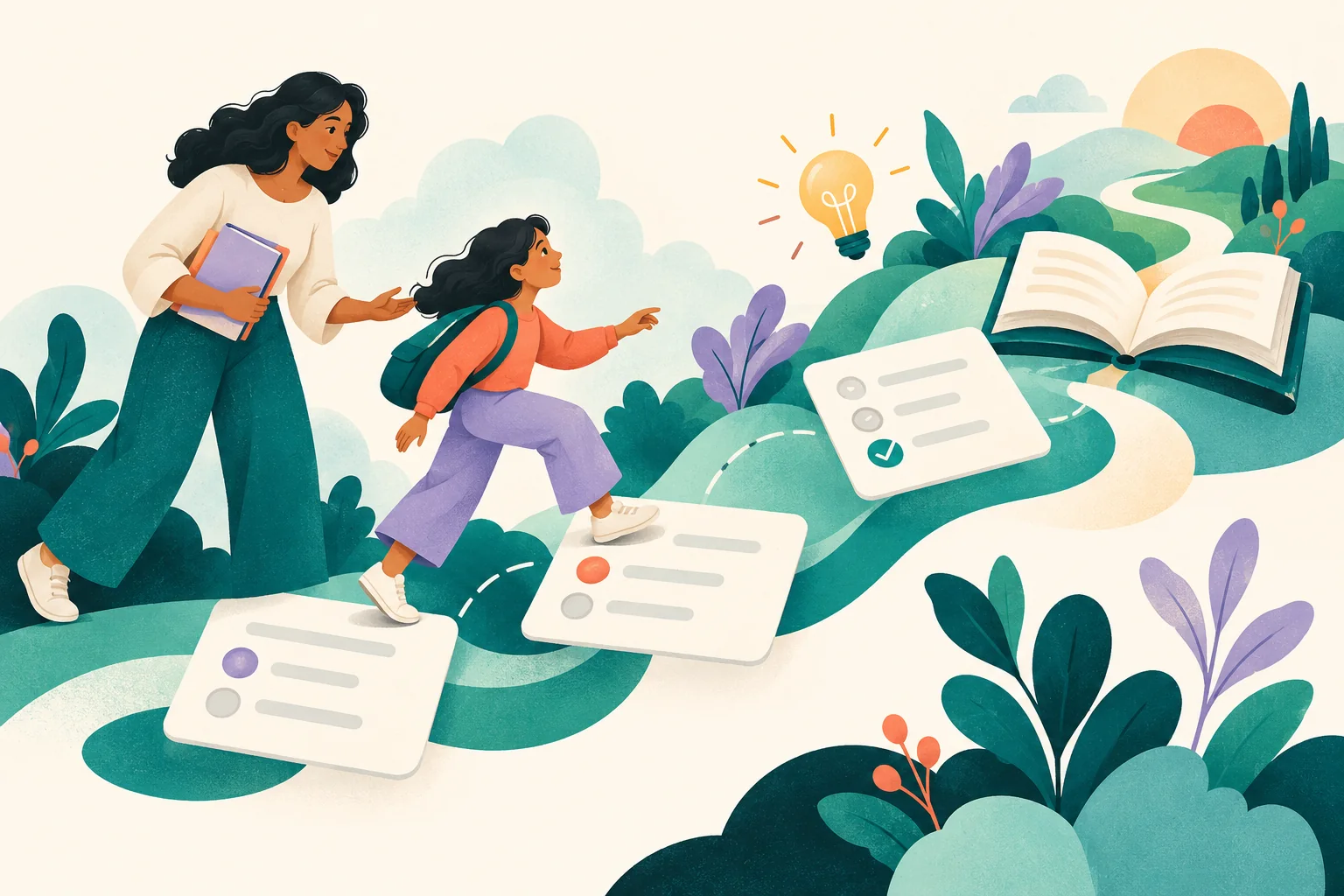 Illustration of a learner following quiz questions toward an open book and a new learning path.