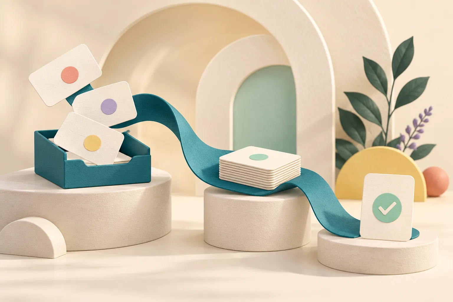 Illustration of a teal ribbon connecting incoming response cards, an organized stack and a completed task.